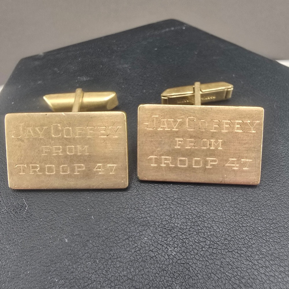 Vintage Estate Cufflinks Gold Tone Engraved Jay Coffey Troop 47 Rectangular